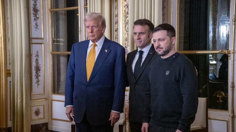 FILE — President-elect Donald Trump, left, President Emmanuel Macron of France, center,  and President Volodomy Zelenskyy, right, of Ukraine during a meeting at the Elysee Palace in Paris, Dec. 7, 2024. Through three years of wartime leadership, UkraineÕs president has mostly played weak hands wisely but his approach has fallen flat with the Trump administration. (James Hill/The New York Times)