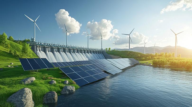 A massive hydroelectric dam standing alongside fields of solar panels and wind farms. 