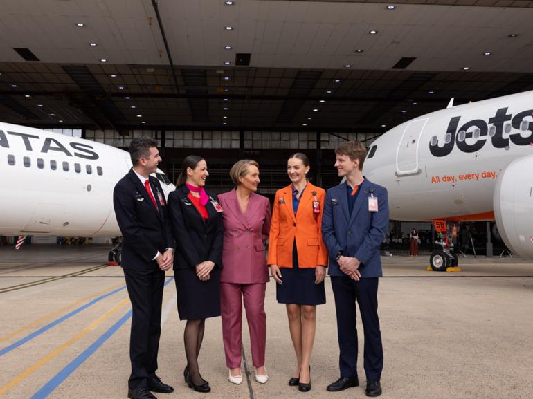 Qantas Group chief executive Vanessa Hudson with Qantas and Jetstar crews after presents the airlines half year result.