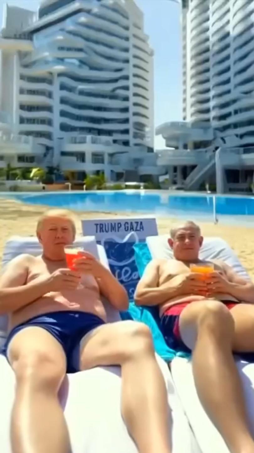 Trump is pictured sitting with Netanyahu.