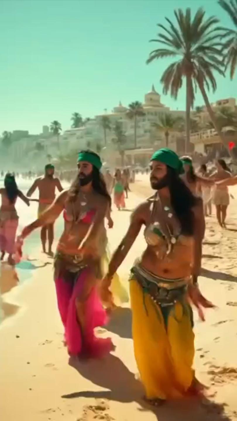 Bearded belly dancers feature in the outrageous video.