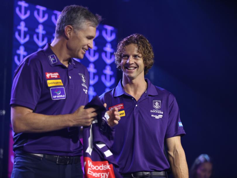 Dockers coach Justin Longmuir and Nat Fyfe at the season launch.