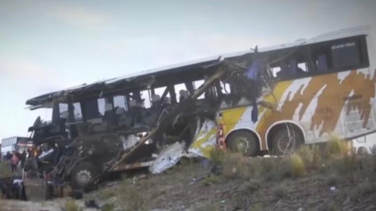 A handout photo provided by the Bolivian Prosecutor’s Office shows one of two buses involved in a collision near Uyuni. At least 37 people died and some 30 others were injured after two buses collided, according to Bolivia's National Police.