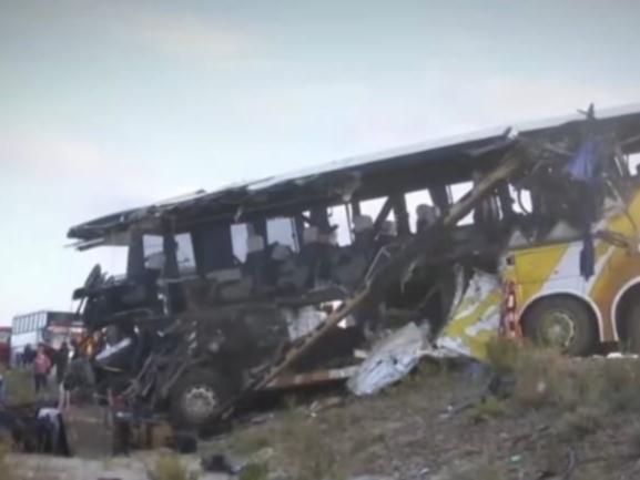 A handout photo provided by the Bolivian Prosecutor’s Office shows one of two buses involved in a collision near Uyuni. At least 37 people died and some 30 others were injured after two buses collided, according to Bolivia's National Police.