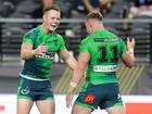  Ethan Strange and Hudson Young  celebrate winning the round one NRL match between the Canberra Raiders and the New Zealand Warriors.