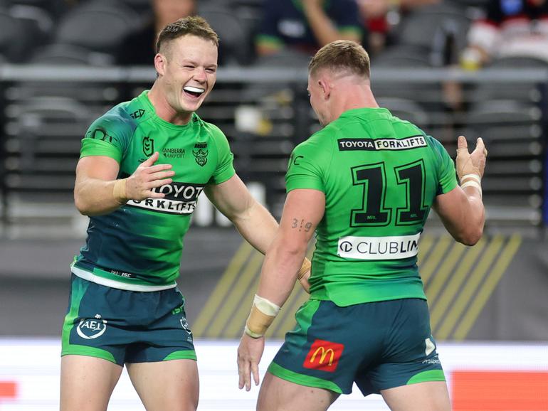  Ethan Strange and Hudson Young  celebrate winning the round one NRL match between the Canberra Raiders and the New Zealand Warriors.