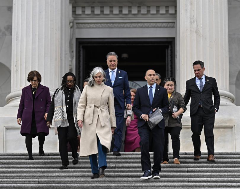 Minority Whip Katherine Clark (D-Massachusetts) and Minority Leader Rep Hakeem Jeffries (D-New York) lead a group of House Democrats on Feb. 25 to protest the Republican budget resolution. 