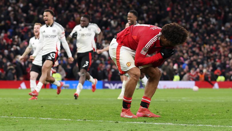 Joshua Zirkzee of Manchester United reacts after missing the last penalty in the penalty shootout.