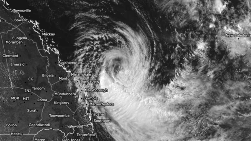 Cyclone Alfred, 2.40pm Sunday 2 March. The low level circulation is visible on satellite sitting just 400km off the Queensland coast.