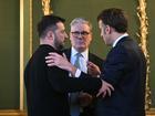 LONDON, ENGLAND - MARCH 2: (L-R) Ukraine's President Volodymyr Zelensky, Britain's Prime Minister Keir Starmer and France's President Emmanuel Macron hold a meeting during a summit at Lancaster House on March 2, 2025 in London, England. Following this week's meetings between Keir Starmer, Emmanuel Macron, and US President Donald Trump, a meeting convenes in London with European leaders to discuss future peace in Ukraine. (Photo by Justin Tallis - WPA Pool/Getty Images)