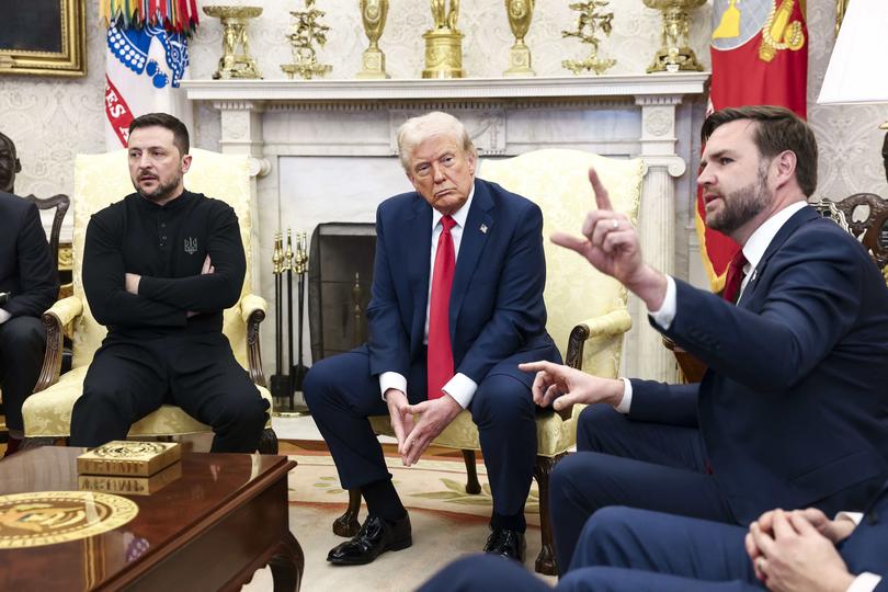 US Vice President JD Vance (R) speaks during a meeting between US President Donald Trump (C) and Ukrainian President Volodymyr Zelensky (L) in the Oval Office of the White House in Washington, DC, USA, 28 February 2025. 