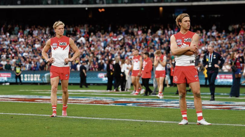 Isaac Heeney and James Rowbottom after their 2024 grand final loss.