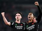 Arsenal’s Declan Rice celebrates victory with teammate Gabriel.