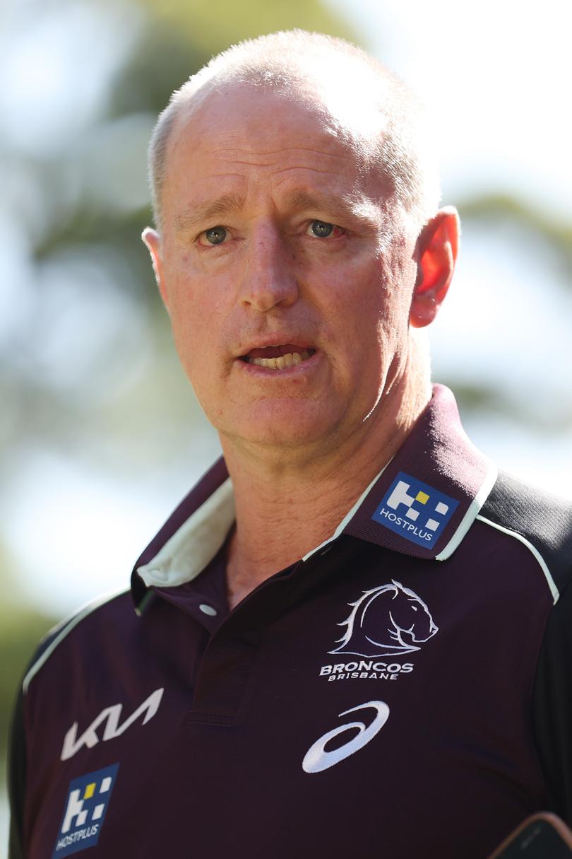 Broncos head coach Michael Maguire speaks to media during a Brisbane Broncos NRL training session.