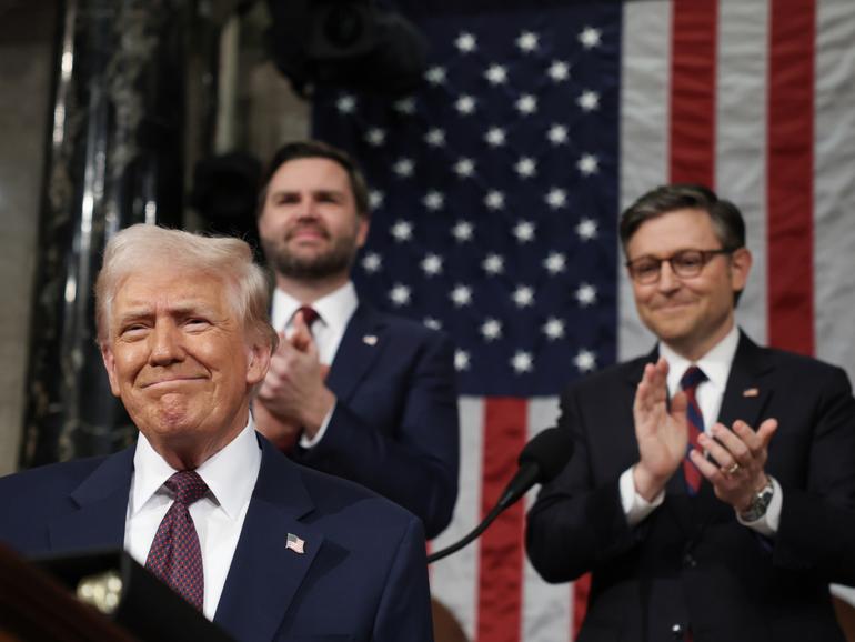 US President Donald Trump arrives to address a joint session of Congress at the U.S. Capitol on March 04, 2025 in Washington, DC.