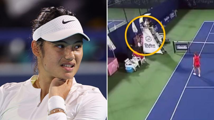 Emma Raducanu hid behind the umpire’s chair when she spotted the man in the crowd.