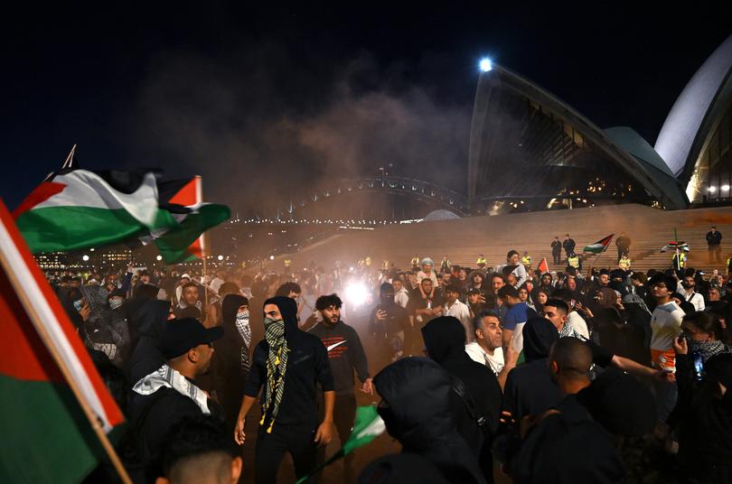 The pro-Palestinian rally outside the Sydney Opera House on Monday, October 9, 2023 - two days after the October 7 attacks. 