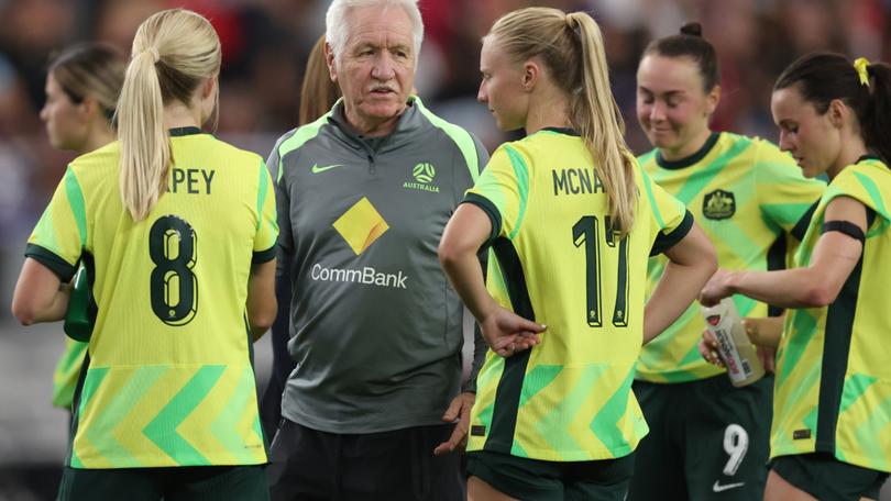 Interim coach Tom Sermanni speaks with his dejected troops after last month’s loss to the US in Arizona.