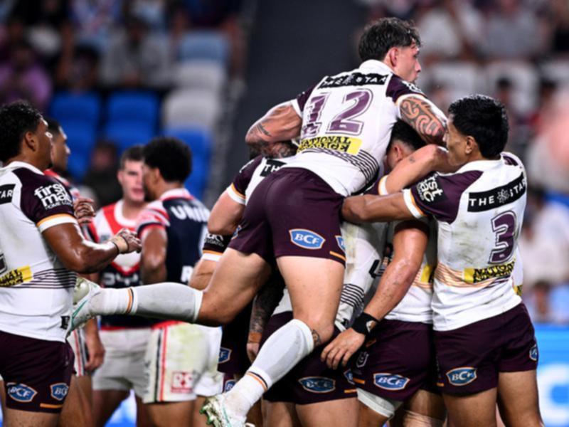 Brisbane have crushed the Sydney Roosters by 36 points in their NRL round one match. (Dan Himbrechts/AAP PHOTOS)