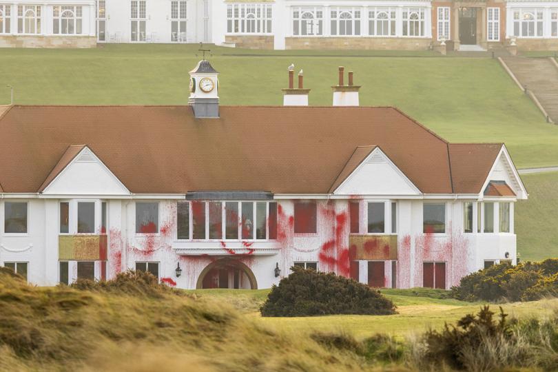 Damage to the Trump-owned site of Trump Turnberry golf course and hotel in Scotland. (Palestine Action, Milo Chandler via AP)