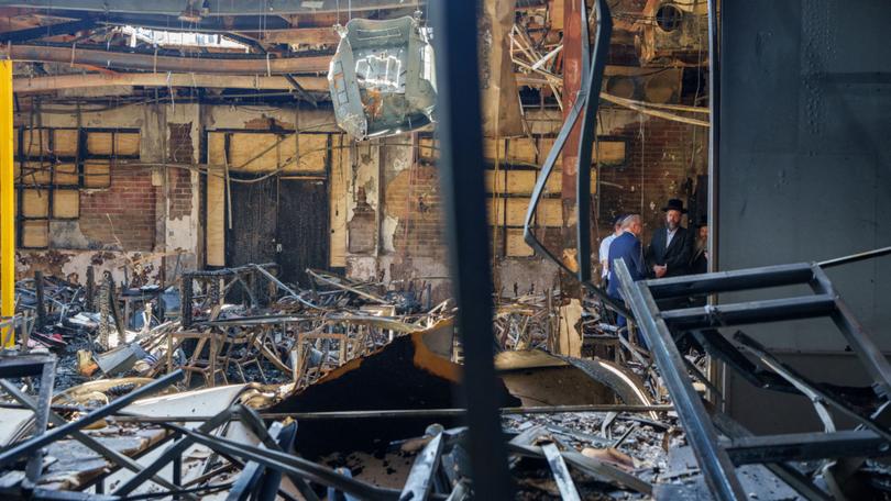 Prime Minister Anthony Albanese visited the Adass Israel Synagogue after a firebombing in Melbourne, Tuesday, December 10, 2024.
PICTURED: damaged interior in the synagogue