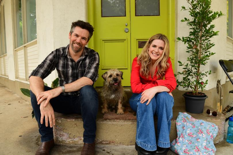 Harriett Dyer and Patrick Brammall star with their furry co-star in Colin From Accounts.