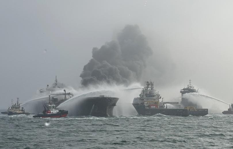 Fire and rescue services attend after a collision between the oil tanker MV Stena Immaculate and the cargo vessel MV Solong on March 10, 2025.