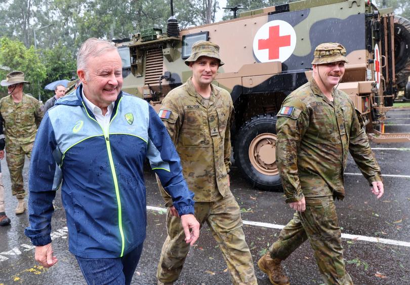 Prime Minister Anthony Albanese, Deputy Prime Minister and Minister for Defence, Richard Marles, Treasurer Jim Chalmers and the Minister for Emergency Management, Jenny McAllister during a visit to the Gallipoli Barracks on March 9, 2025 in Brisbane, Australia. 