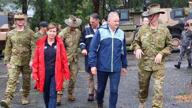 Prime Minister Anthony Albanese, Deputy Prime Minister and Minister for Defence, Richard Marles, Treasurer Jim Chalmers and the Minister for Emergency Management, Jenny McAllister during a visit to the Gallipoli Barracks on March 9, 2025 in Brisbane. 