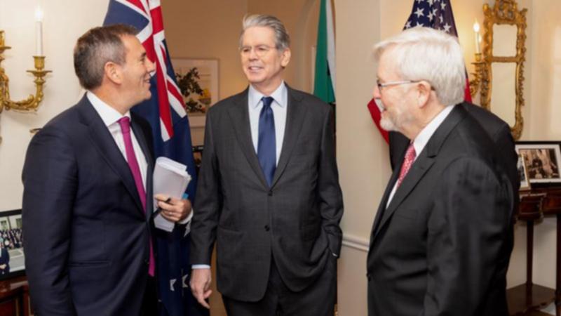 Jim Chalmers with US counterpart Scott Bessent and ambassador Kevin Rudd. 