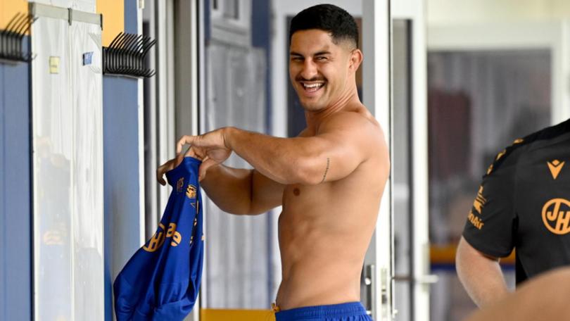 Dylan Brown had plenty to smile about at Parramatta training on Wednesday. (Dan Himbrechts/AAP PHOTOS)