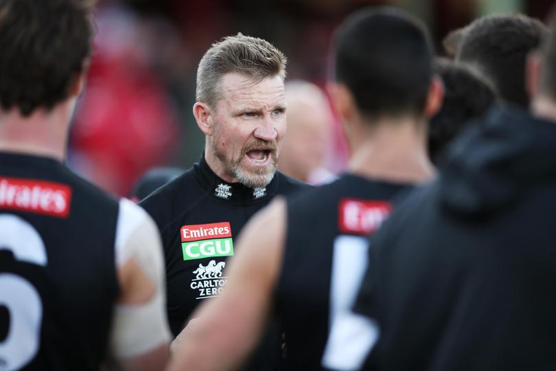 Nathan Buckley coaching Collingwood in 2021.