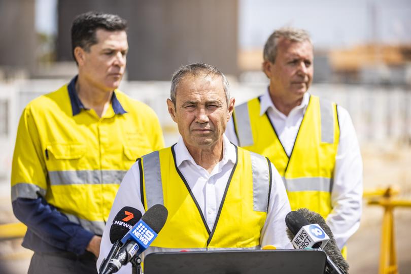 WA Premier Roger Cook addresses the media at the Kwinana Battery Stage Two project last year.