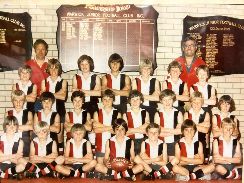 The Warwick Black junior football team that won five consecutive flags. Justin Langer is bottom row, second from right. Picture: Unknown