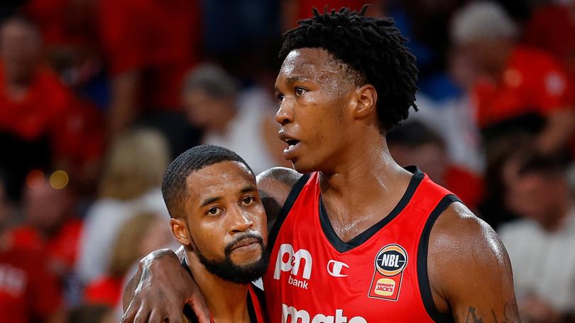  Bryce Cotton of the Wildcats and Kristian Doolittle of the Wildcats react after the loss during the round 18 NBL match between Perth Wildcats and Cairns Taipans at RAC Arena, on January 25.