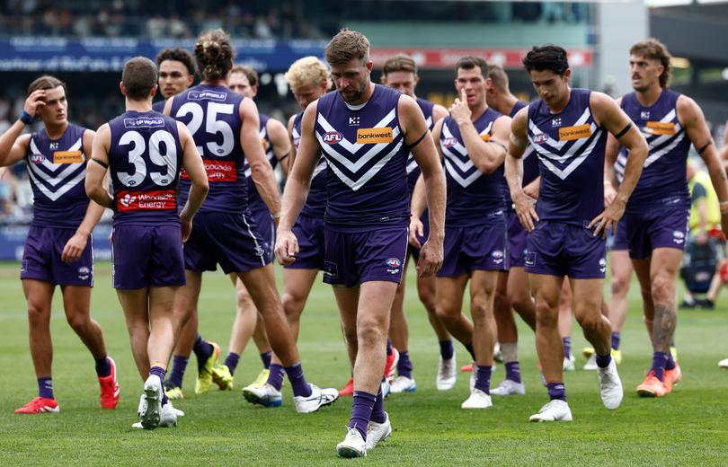 GEELONG, AUSTRALIA - MARCH 15: Luke Ryan of the Dockers looks dejected at the half-time break during the 2025 AFL Round 01 match between the Geelong Cats and the Fremantle Dockers at GMHBA Stadium on March 15, 2025 in Geelong, Australia. (Photo by Michael Willson/AFL Photos via Getty Images)