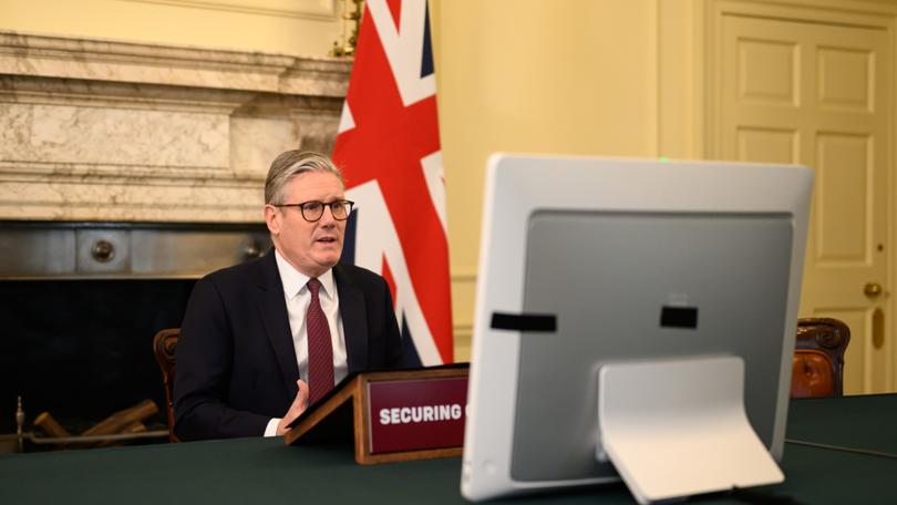 UK Prime Minister Keir Starmer speaks with world leaders from Europe and Australia at the beginning of a video conference at 10 Downing Street on Saturday.