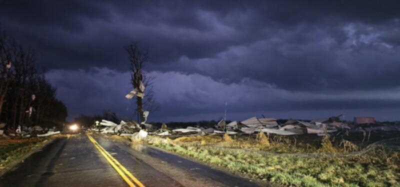 Storm damage from a line of strong thunderstorms that moved through the Midwest in Seymour, Missouri, USA, 14 March 2025.