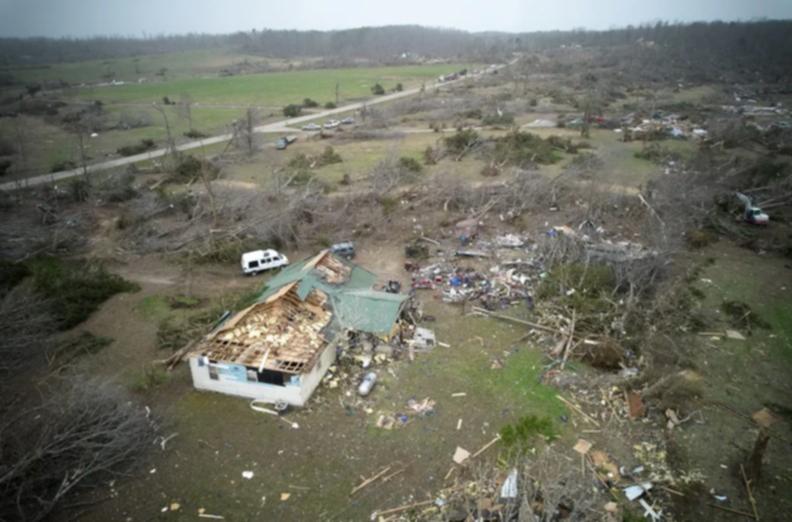 Destruction from a severe storm is seen Saturday, March 15, 2025, in Wayne County, Mo.