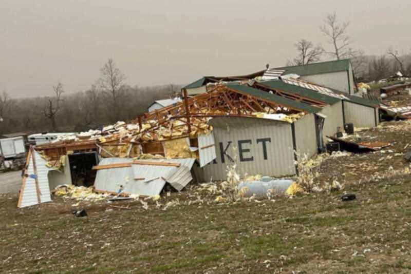 A home is damaged after a severe storm passed the area near Ozark County, Mo., early Saturday, March 15, 2025.