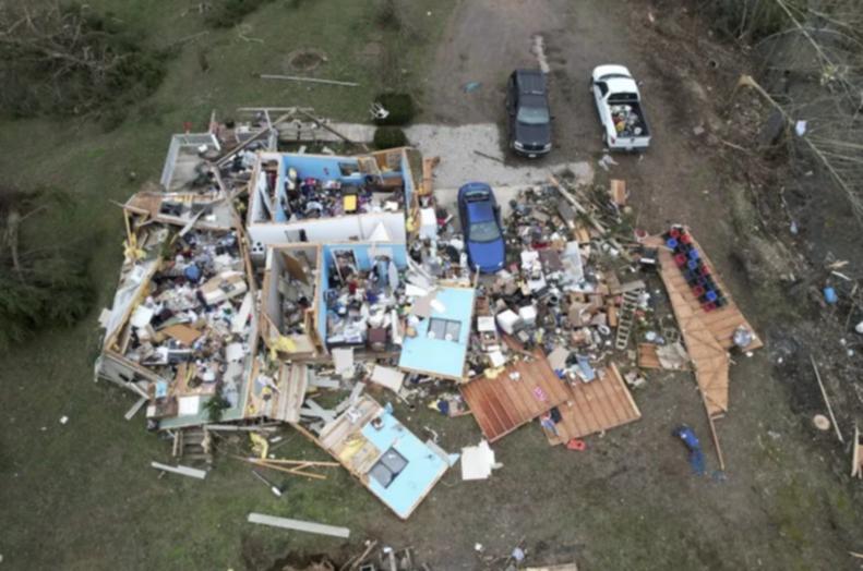 Destruction from a severe storm is seen Saturday, March 15, 2025, in Wayne County, Mo.