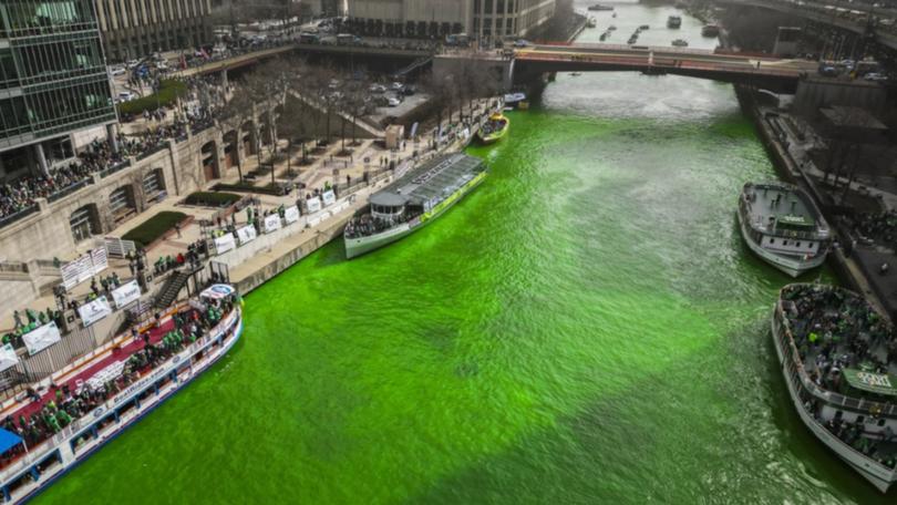 The Chicago River is dyed green as part of annual St. Patrick's Day festivities Saturday, March 15, 2025, in Chicago.