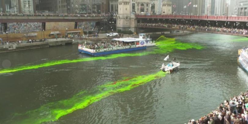 The Chicago River is dyed green as part of annual St. Patrick's Day festivities Saturday, March 15, 2025, in Chicago.