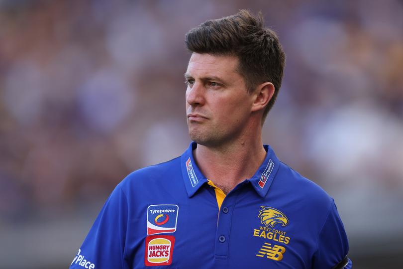 PERTH, AUSTRALIA - MARCH 16: Andrew McQualter, Senior Coach of the Eagles looks on during the round one AFL match between West Coast Eagles and Gold Coast Suns at Perth Stadium, on March 16, 2025, in Perth, Australia. (Photo by Paul Kane/Getty Images)