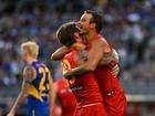 Daniel Rioli of the Suns celebrates a goal.