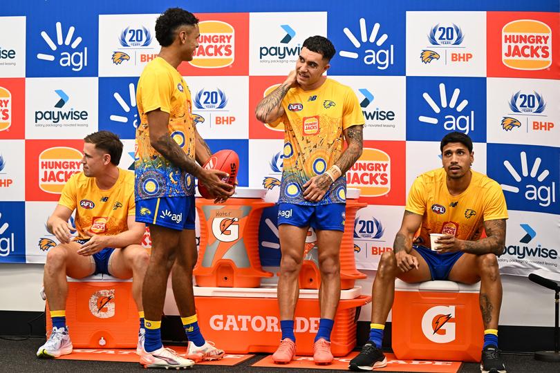 PERTH, AUSTRALIA - MARCH 16: Tyrell Dewar and Tyler Brockman of the Eagles talk in the rooms during the 2025 AFL Round 01 match between the West Coast Eagles and the Gold Coast Suns at Optus Stadium on March 16, 2025 in Perth, Australia. (Photo by Daniel Carson/AFL Photos via Getty Images)