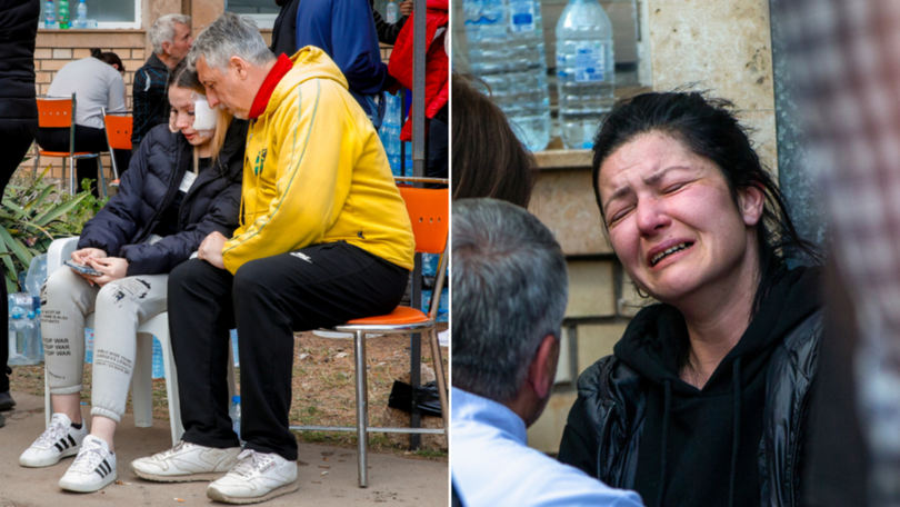 Relatives and survivors gather outside a hospital in the town of Kocani, North Macedonia, following a massive fire in a nightclub early Sunday.