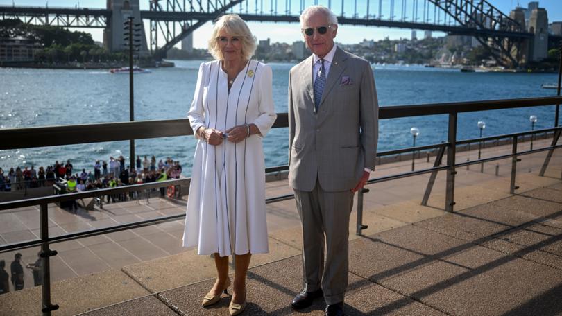 King Charles III and Queen Camilla in front of Sydney Harbour Bridge on October 22, 2024 in Sydney.