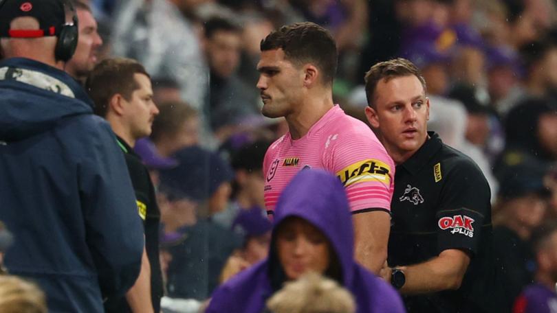 Cleary walks off the field after the heavy knock. 