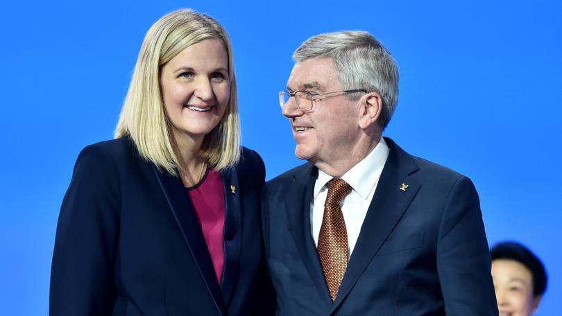 Kirsty Coventry speaks with Outgoing IOC President, Thomas Bach, after being elected as the new IOC President.